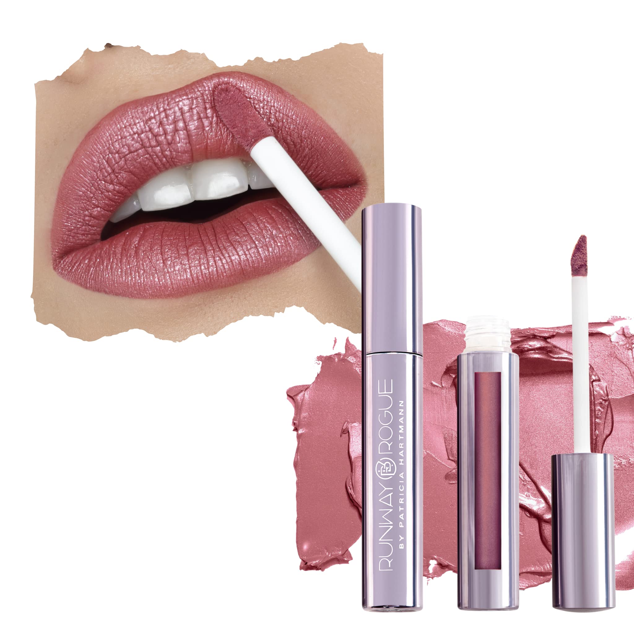 Runway Rogue Pearl Glam lipstick bottle shows long-wear shimmer finish.