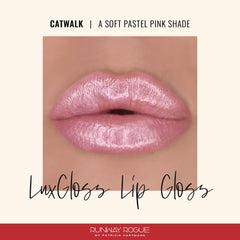 Runway Rogue LuxGloss apply-swipe demonstrates easy single-stroke shimmer and smooth finish