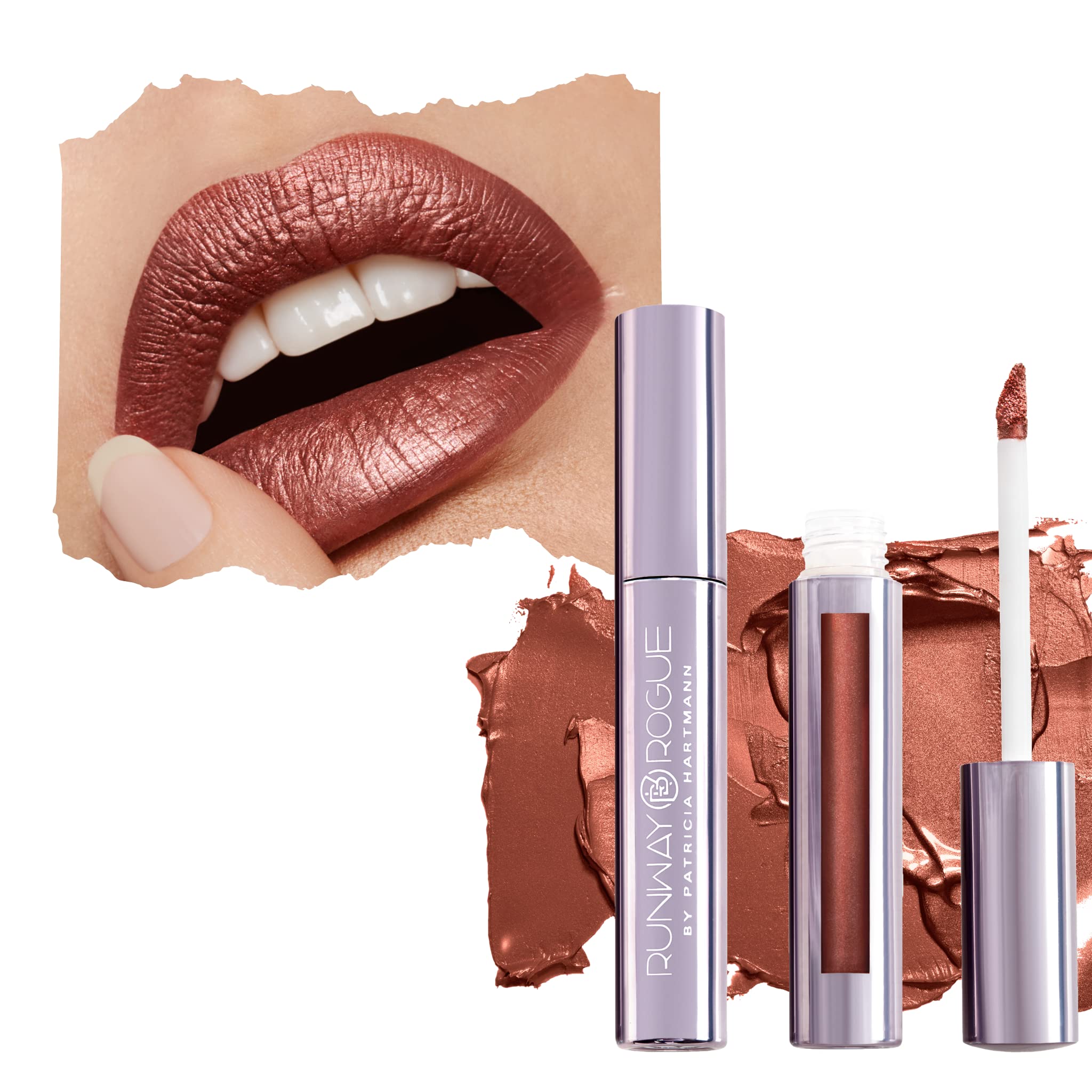 Runway Rogue Silk Glam Lipstick Film Noir close-up shows frosted golden-bronze shimmer for evening glow