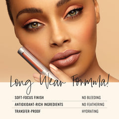 Runway Rogue Film Noir on lips highlights frosted golden-bronze glow and luxe shimmer