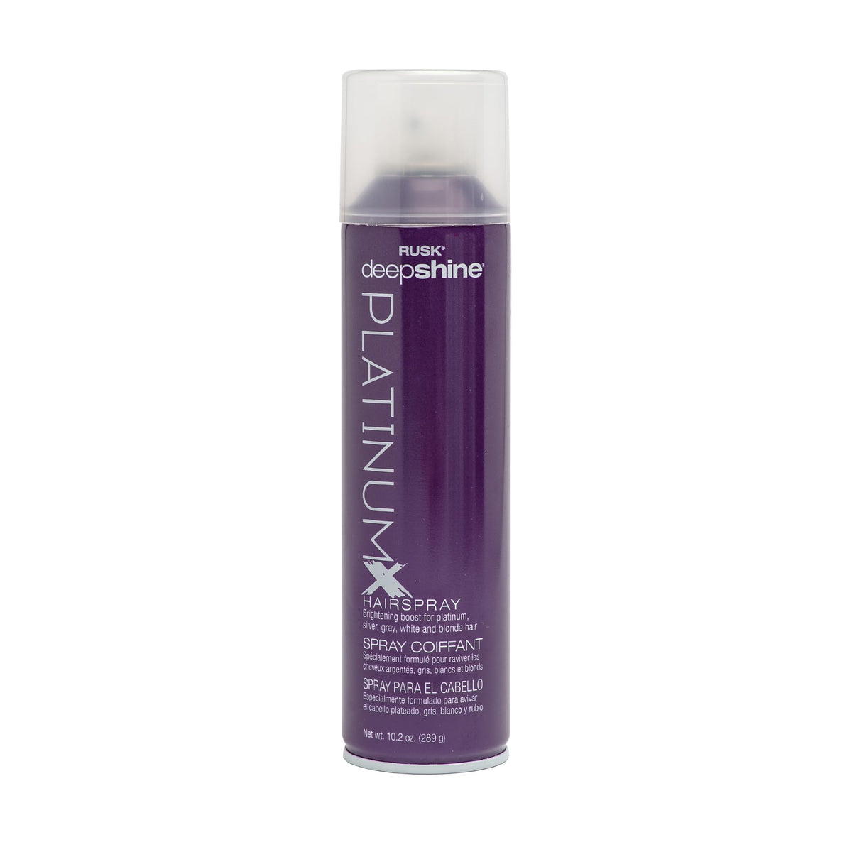 RUSK Deepshine PlatinumX hairspray bottle showing fast-drying finish and shine