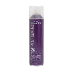 RUSK Deepshine PlatinumX hairspray bottle showing fast-drying finish and shine