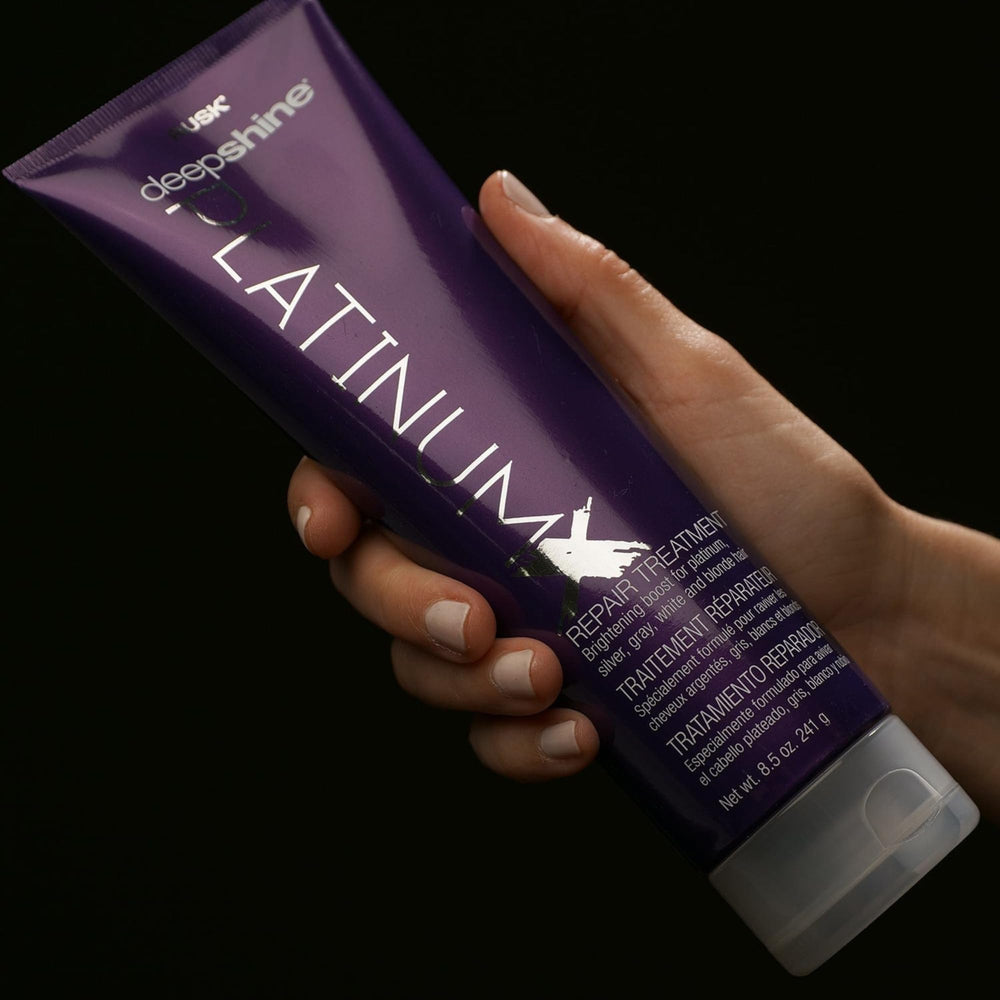RUSK Deepshine PlatinumX Repair Treatment applied to damaged hair for shine and brightness