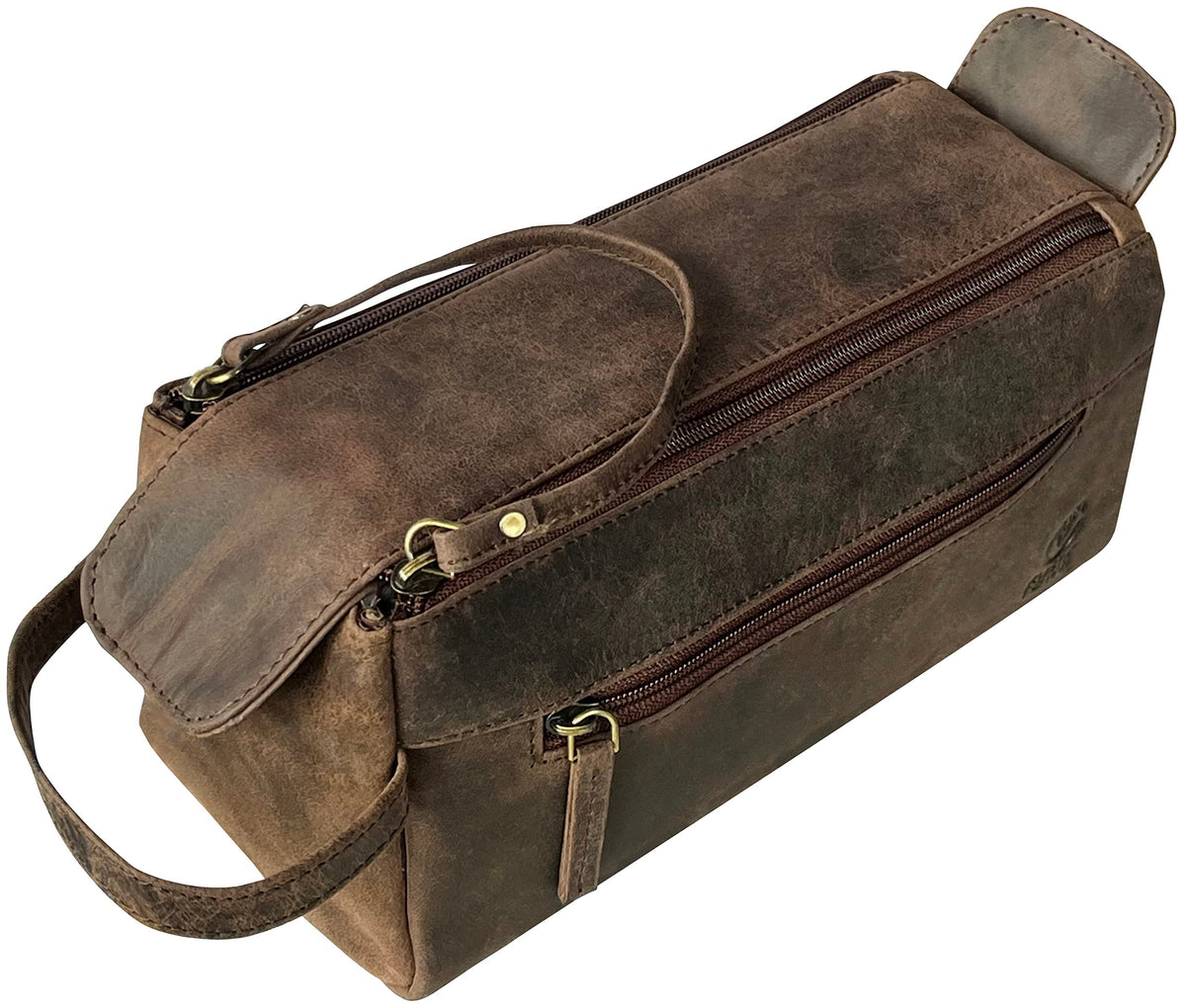 RUSTIC TOWN buffalo leather toiletry bag front view shows durable vintage craftsmanship for travel