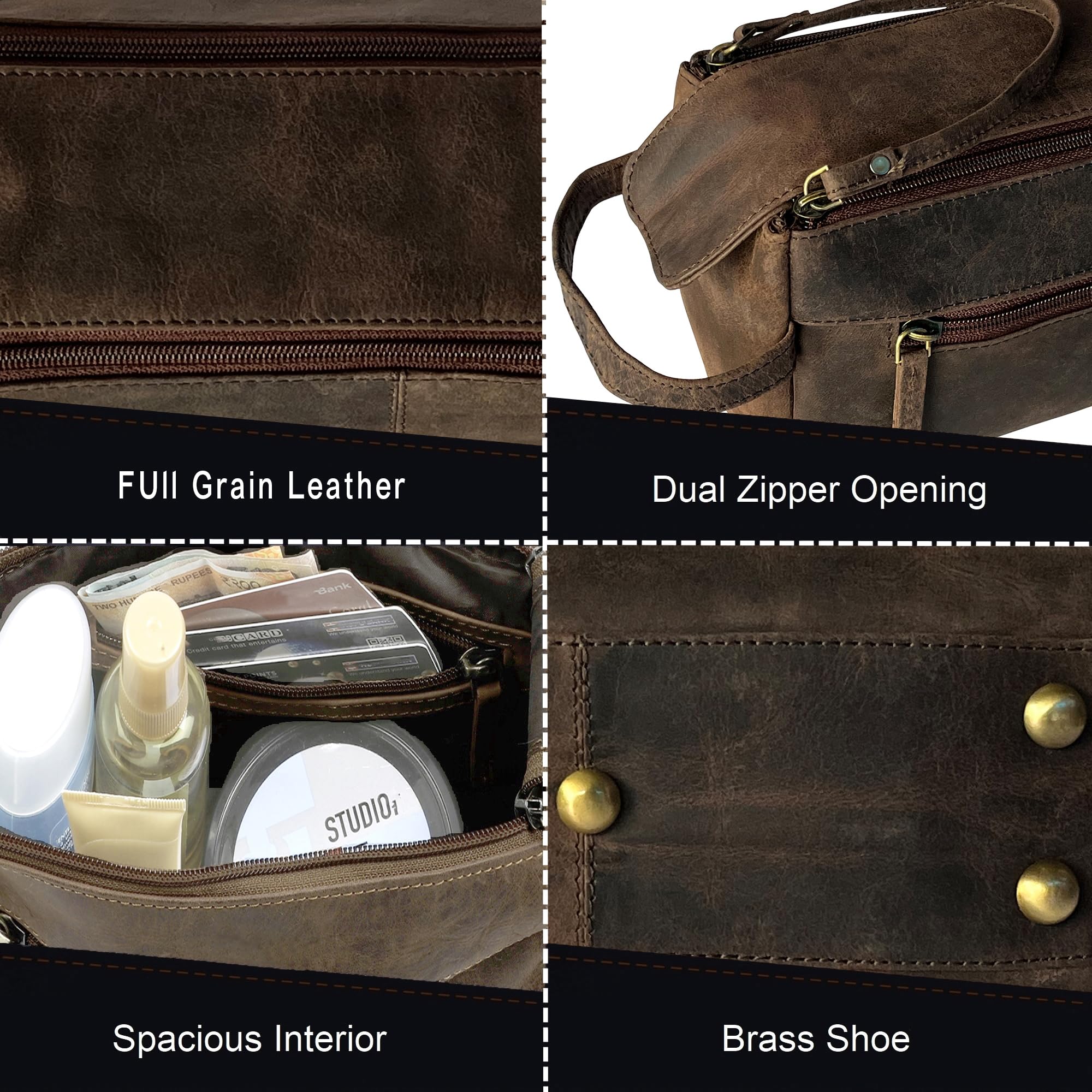 RUSTIC TOWN buffalo leather bag open compartments reveal organized space for grooming products