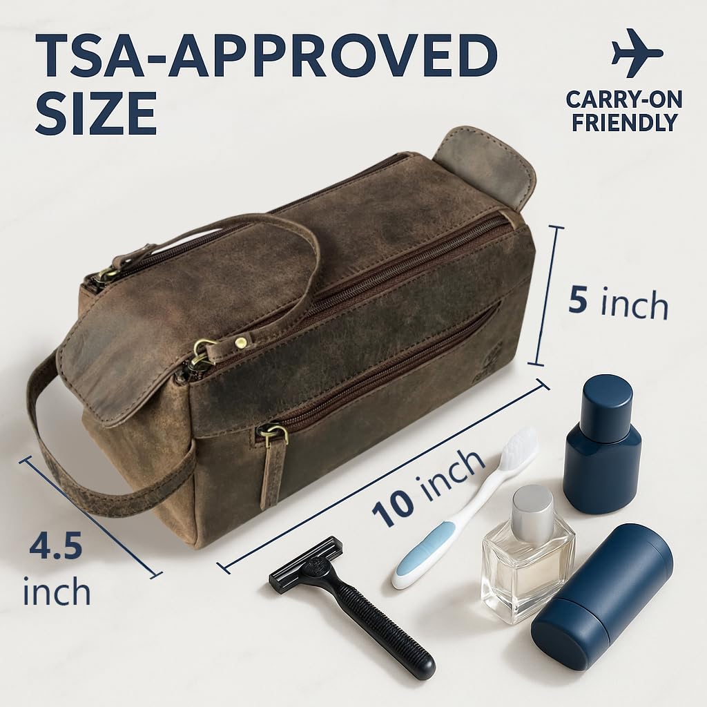 RUSTIC TOWN toiletry bag side handle demonstrates easy packing and quick access