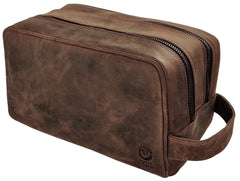 RUSTIC TOWN full-grain buffalo leather travel toiletry bag shows durable material and patina potential.