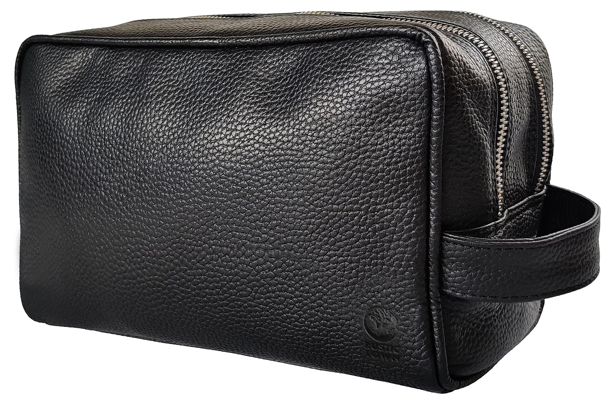 RUSTIC TOWN full-grain leather travel toiletry bag front view highlights durable finish and organized compartments.