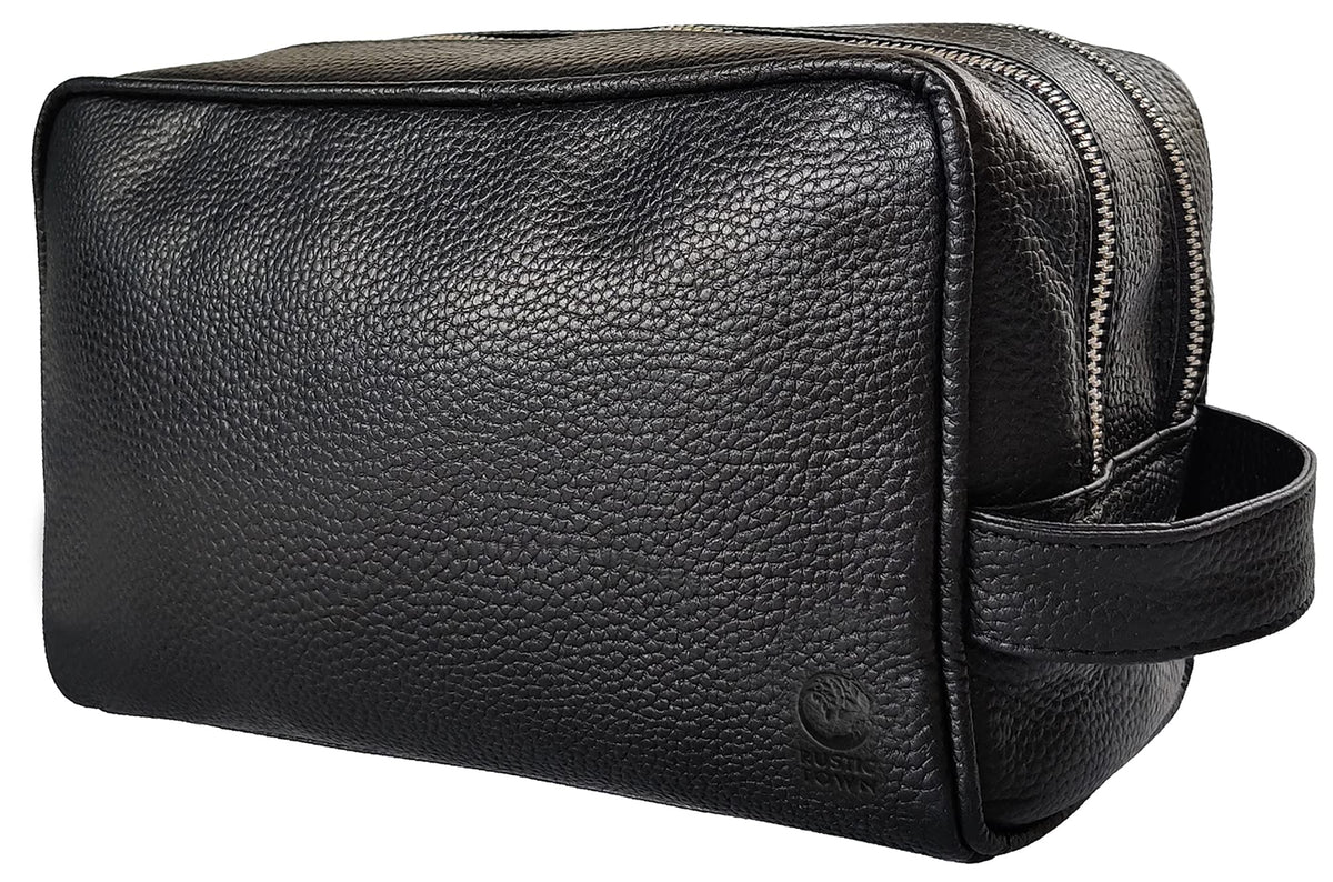 RUSTIC TOWN full-grain leather travel toiletry bag front view highlights durable finish and organized compartments.
