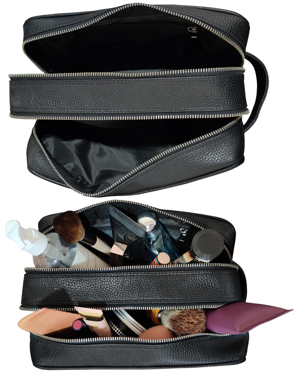 RUSTIC TOWN leather bag interior pockets keep cosmetics organized on trips.