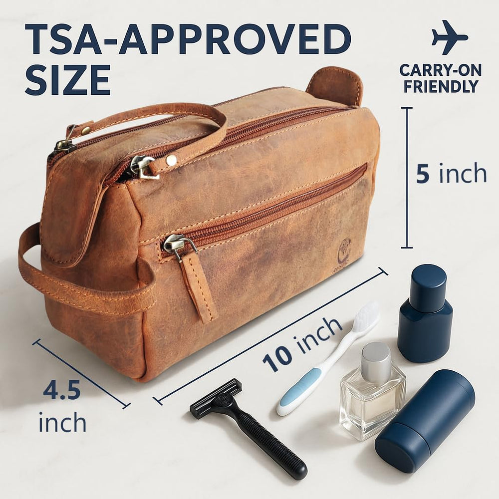 Rustic Town leather toiletry bag front view emphasizes rugged craftsmanship and durable stitching