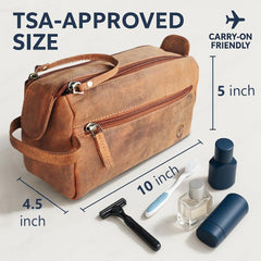 Rustic Town leather toiletry bag front view emphasizes rugged craftsmanship and durable stitching