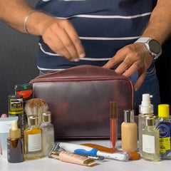 RUSTIC TOWN leather toiletry bag inside-pockets helps separate grooming items for tidy packing