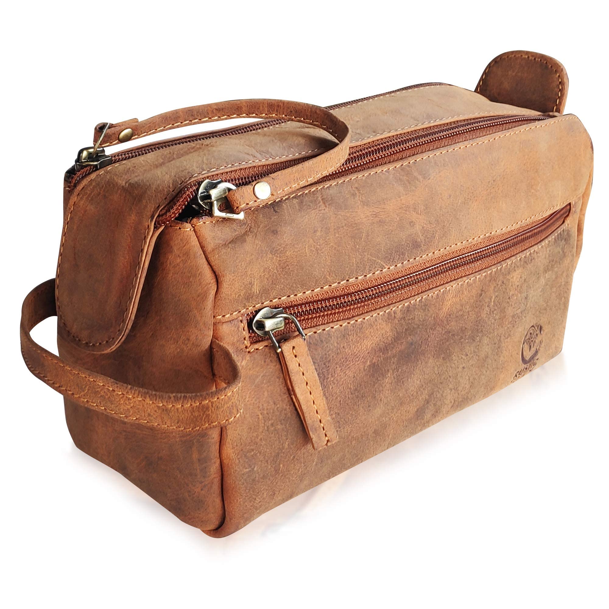 Rustic Town leather toiletry bag open view highlights organized compartments for easy packing