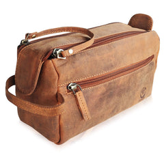 Rustic Town leather toiletry bag open view highlights organized compartments for easy packing