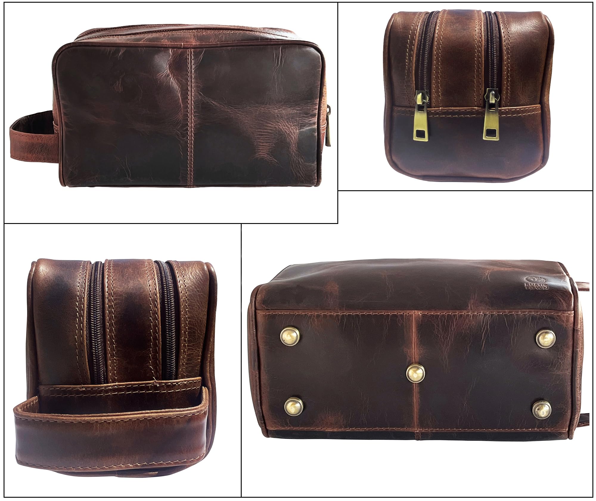 RUSTIC TOWN leather toiletry bag patina-aging highlights authentic craftsmanship over time