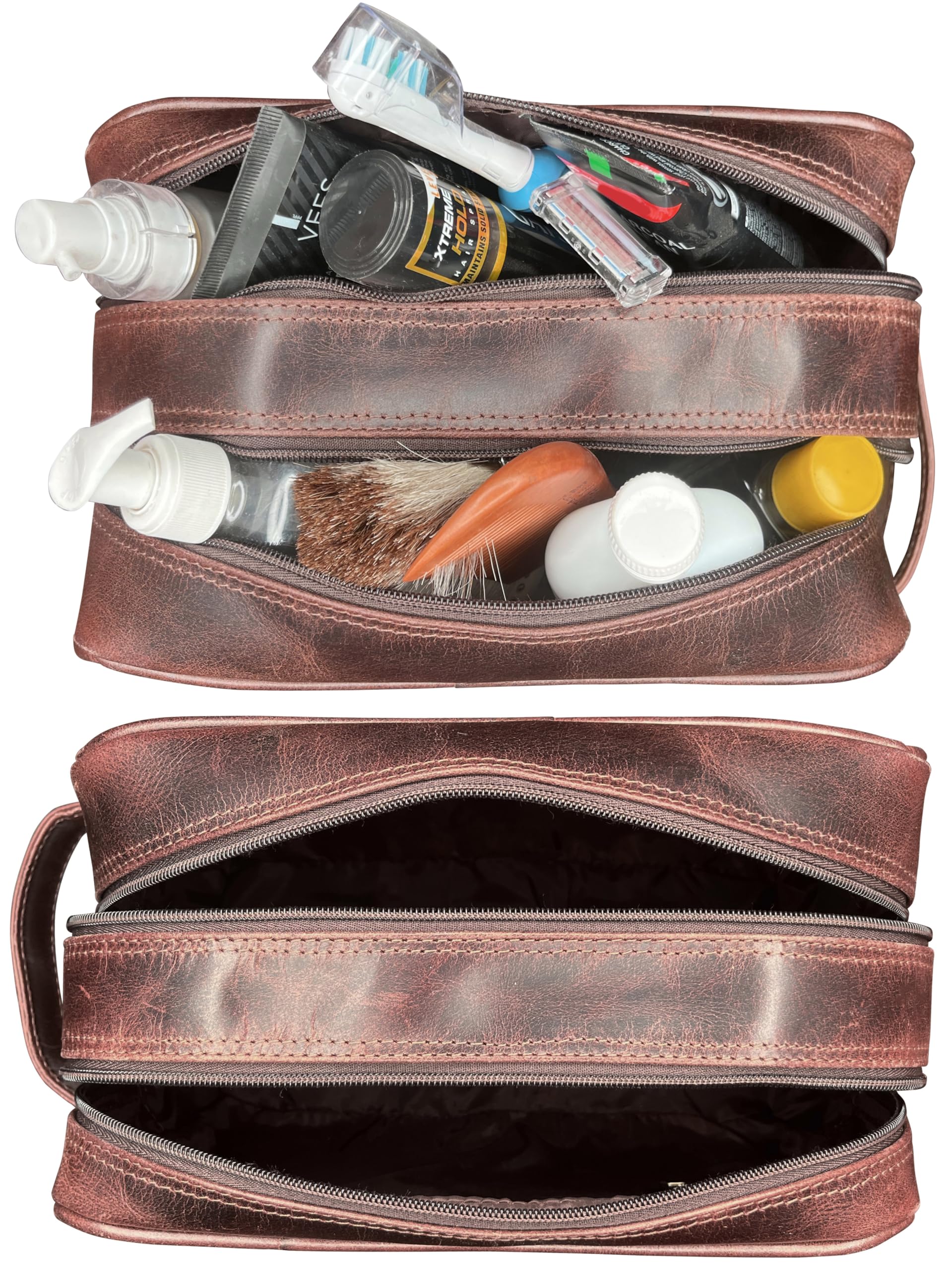 RUSTIC TOWN leather toiletry bag reinforced-stitching withstands daily use on trips
