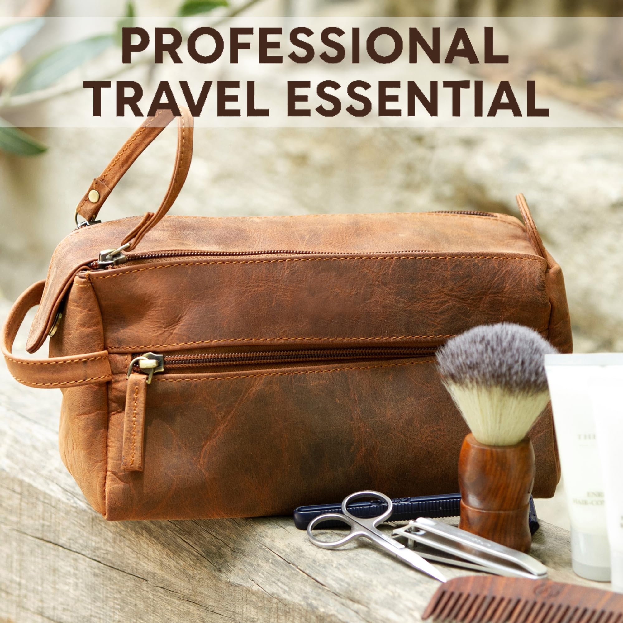 Rustic Town leather toiletry bag side handle makes luggage removal effortless