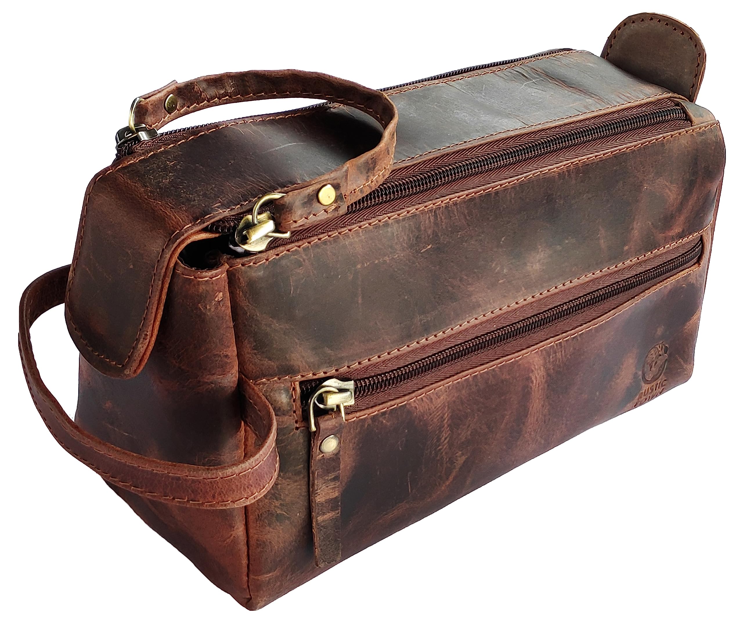 Rustic Town leather toiletry bag walnut brown open view showing organized interior