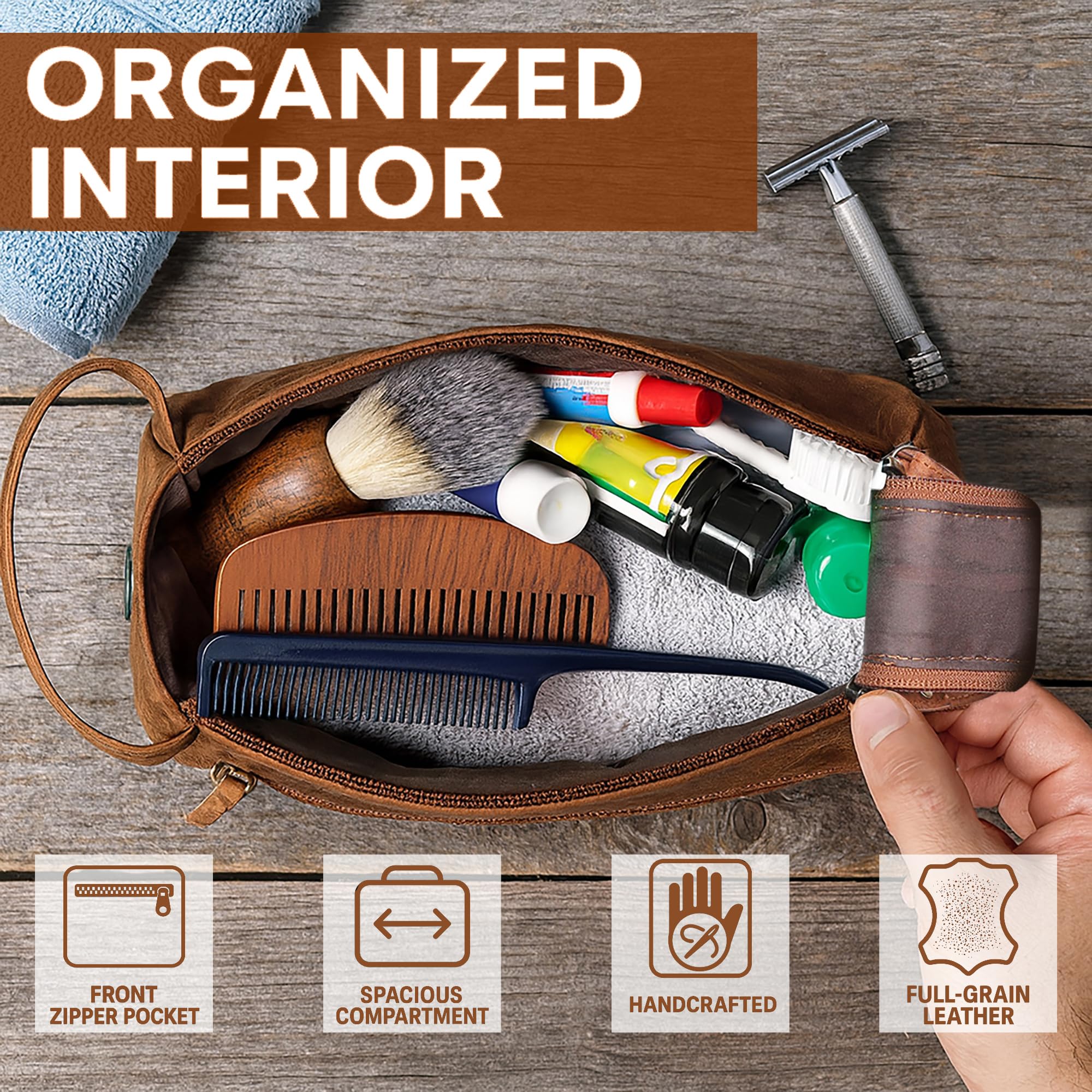 Rustic Town leather toiletry bag waterproof lining protects contents during showers and overnights