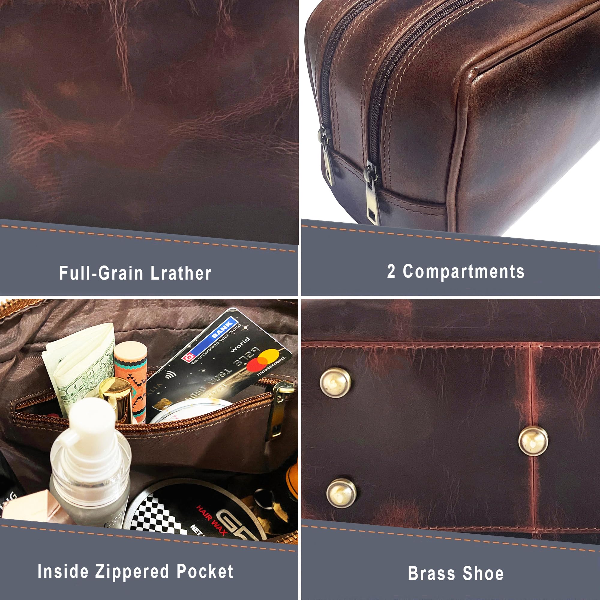RUSTIC TOWN leather toiletry bag ykk-zippers ensures smooth opening and long-lasting durability
