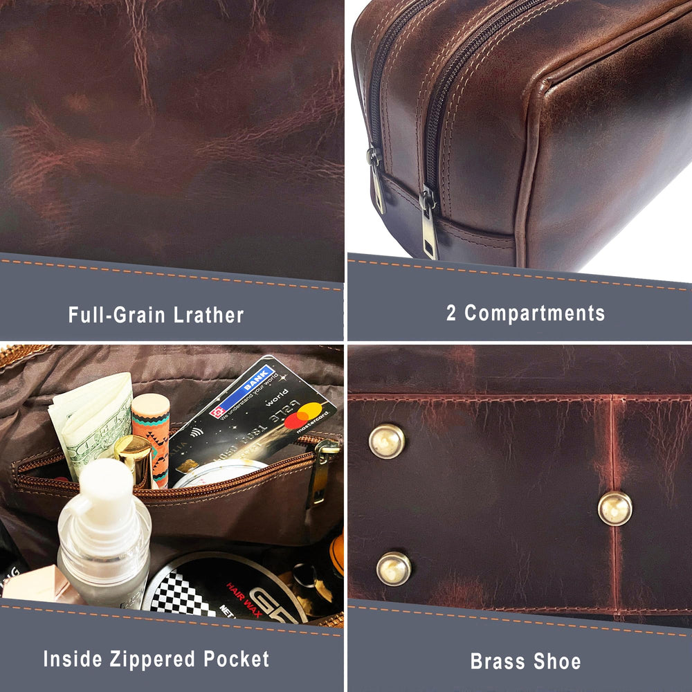RUSTIC TOWN leather toiletry bag ykk-zippers ensures smooth opening and long-lasting durability