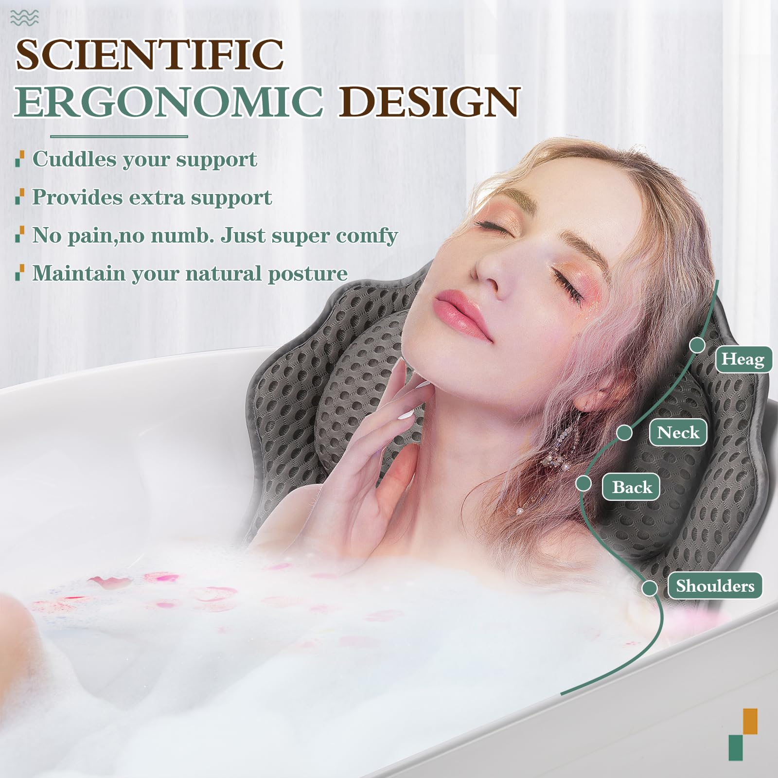 RUVINCE 4D air mesh bath pillow delivers breathable comfort and quick-dry feel.