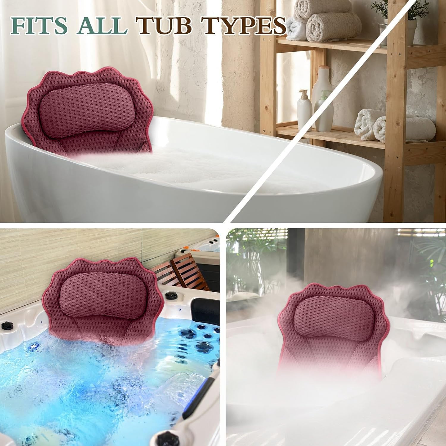 RUVINCE bath pillow in dark red adds spa-like ambiance to baths.