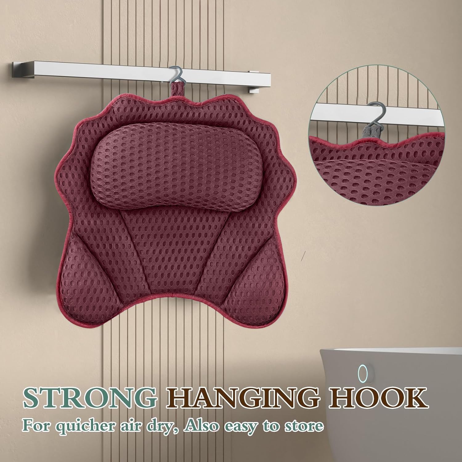 RUVINCE bath pillow includes hooks for easy storage and quick drying.