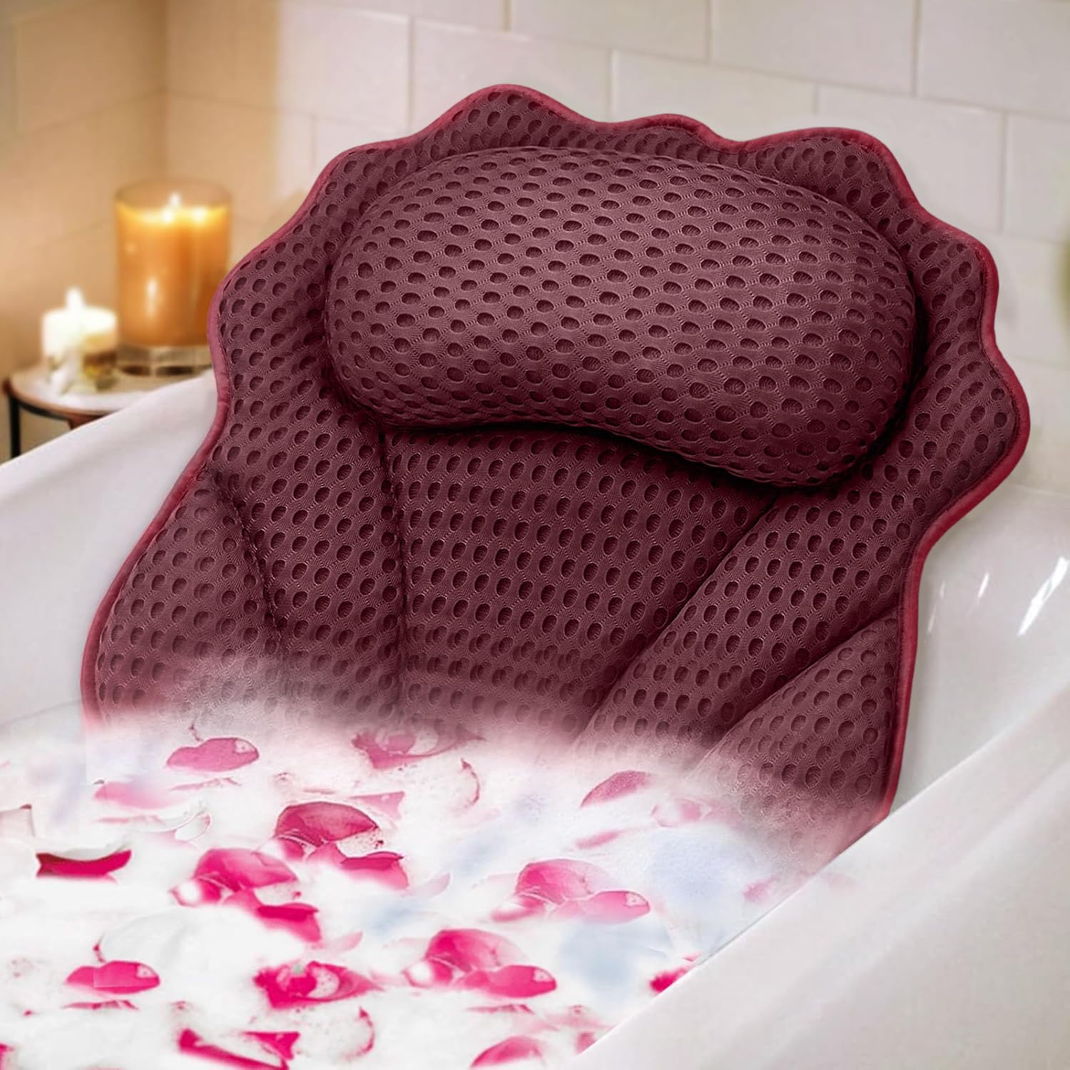 RUVINCE bath pillow ergonomic headrest provides neck support for relaxing soaks.
