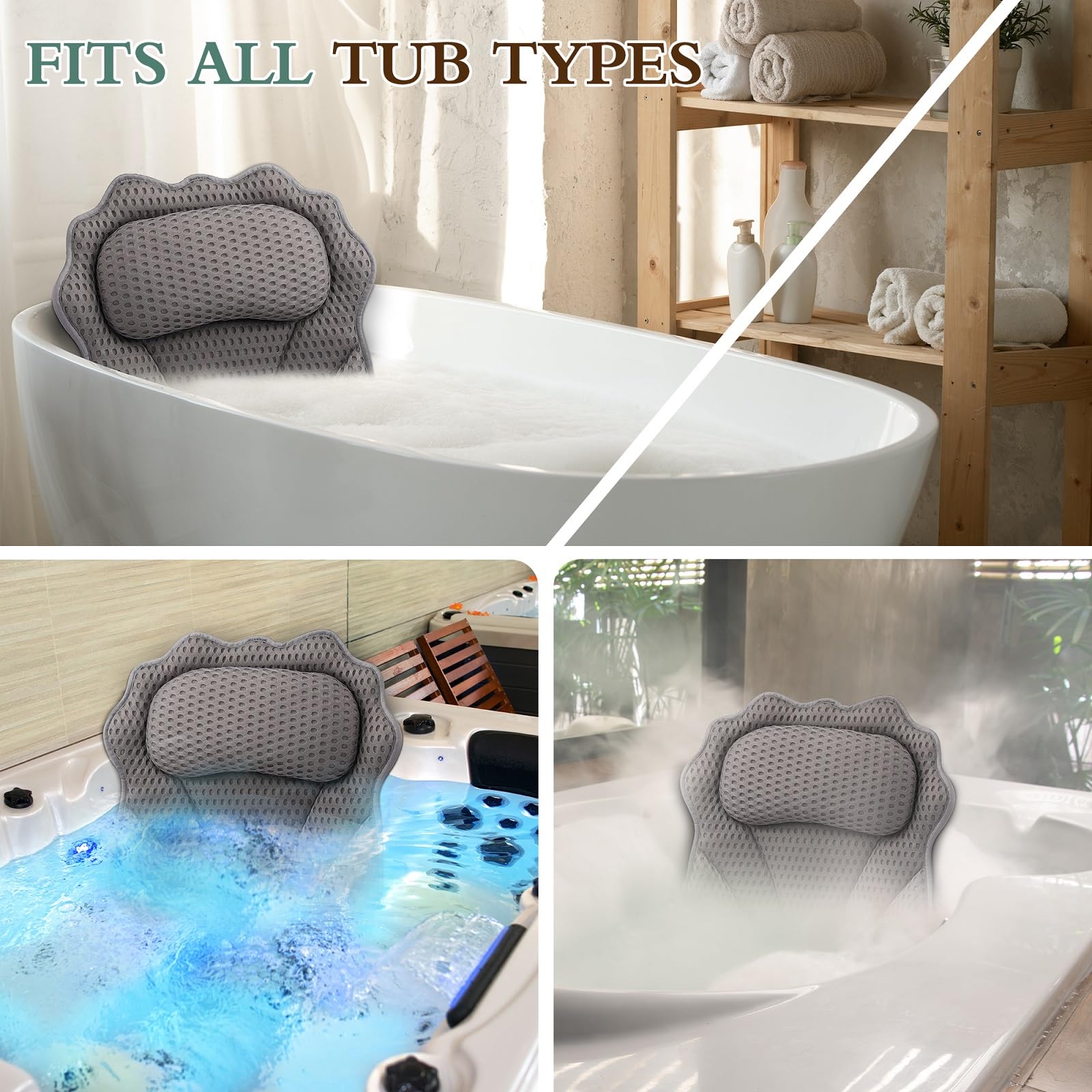 RUVINCE bath pillow fits all tubs for universal comfort.
