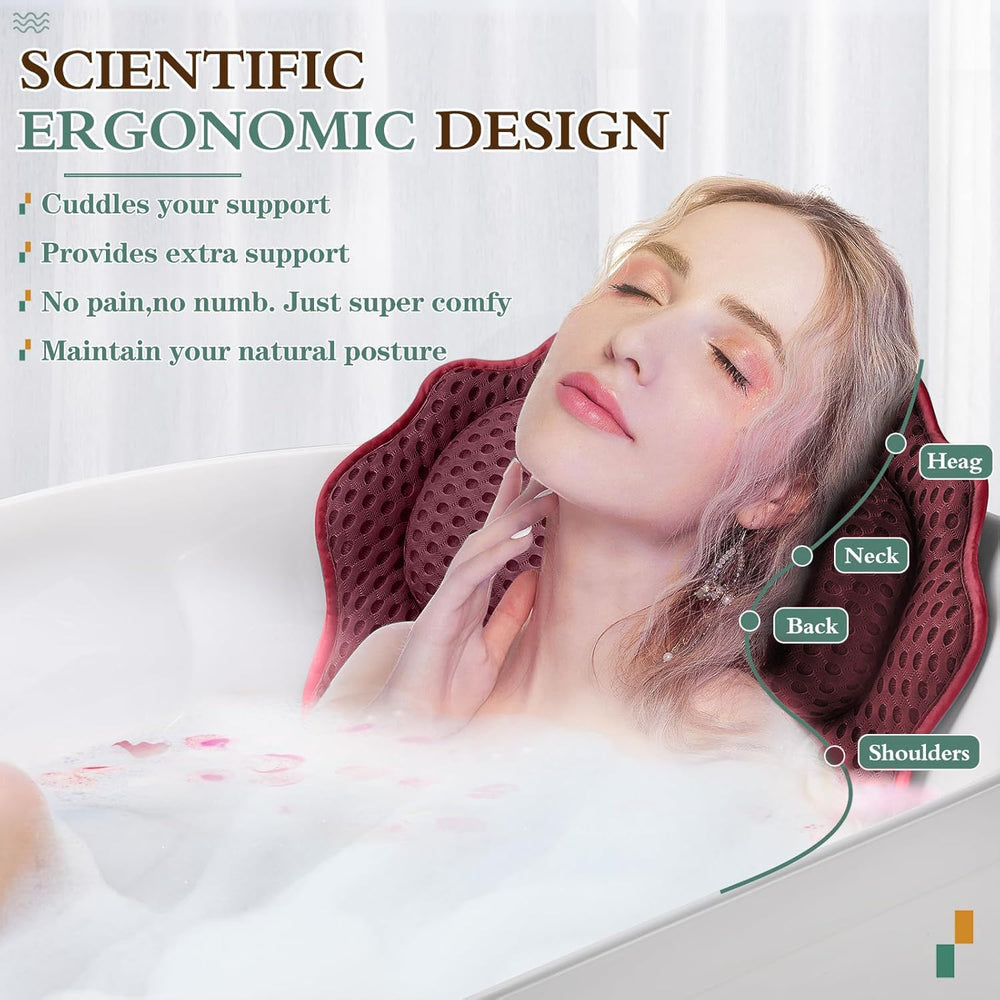 RUVINCE bath pillow with six suction cups secures firmly to tub surface.