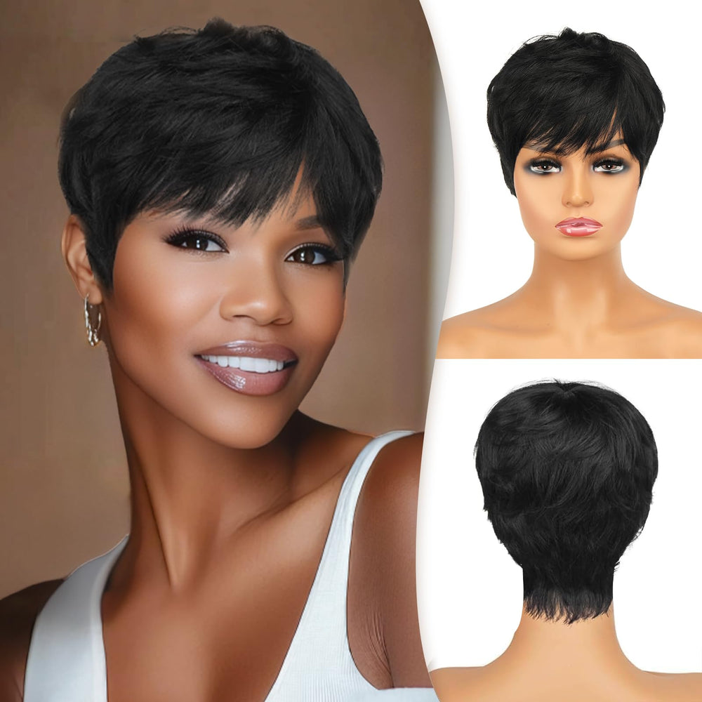 RUWISS Pixie Cut Wig with bangs closeup showing real hair texture for daily wear.