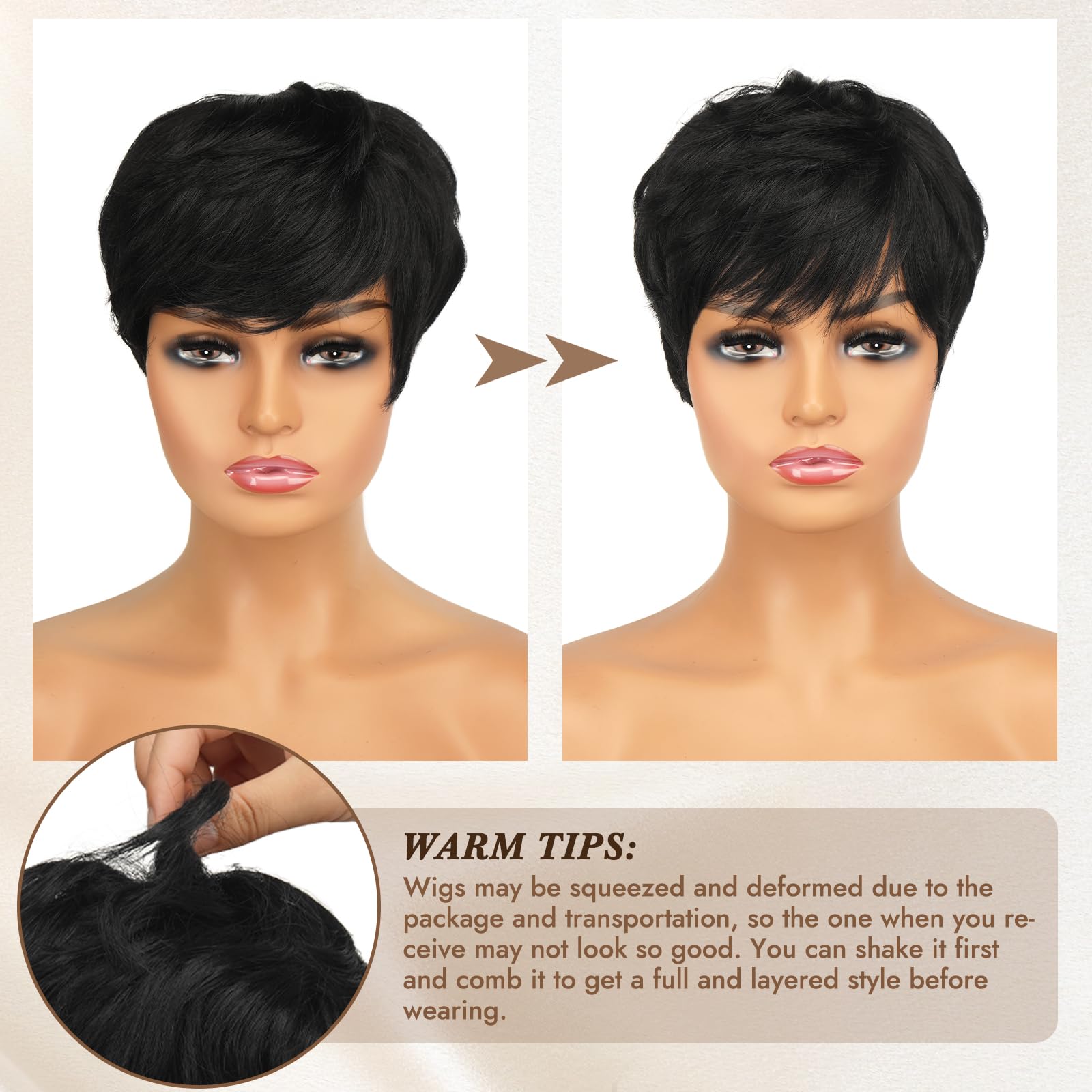 RUWISS Pixie Cut Wig layered natural look demonstrates volume and versatility.