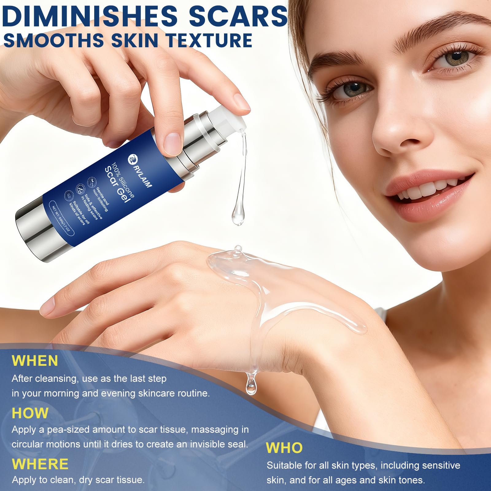 Rvlaim scar gel before after comparison hints color and texture improvement.