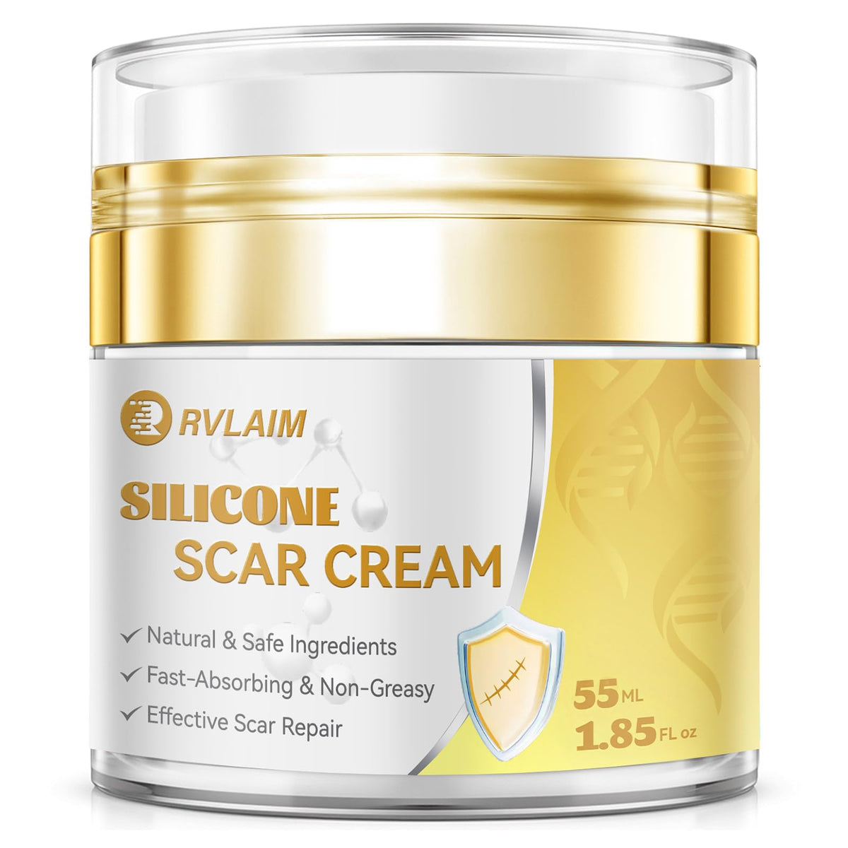Rvlaim Silicone Scar Cream bottle demonstrates quick absorption for daily scar care.