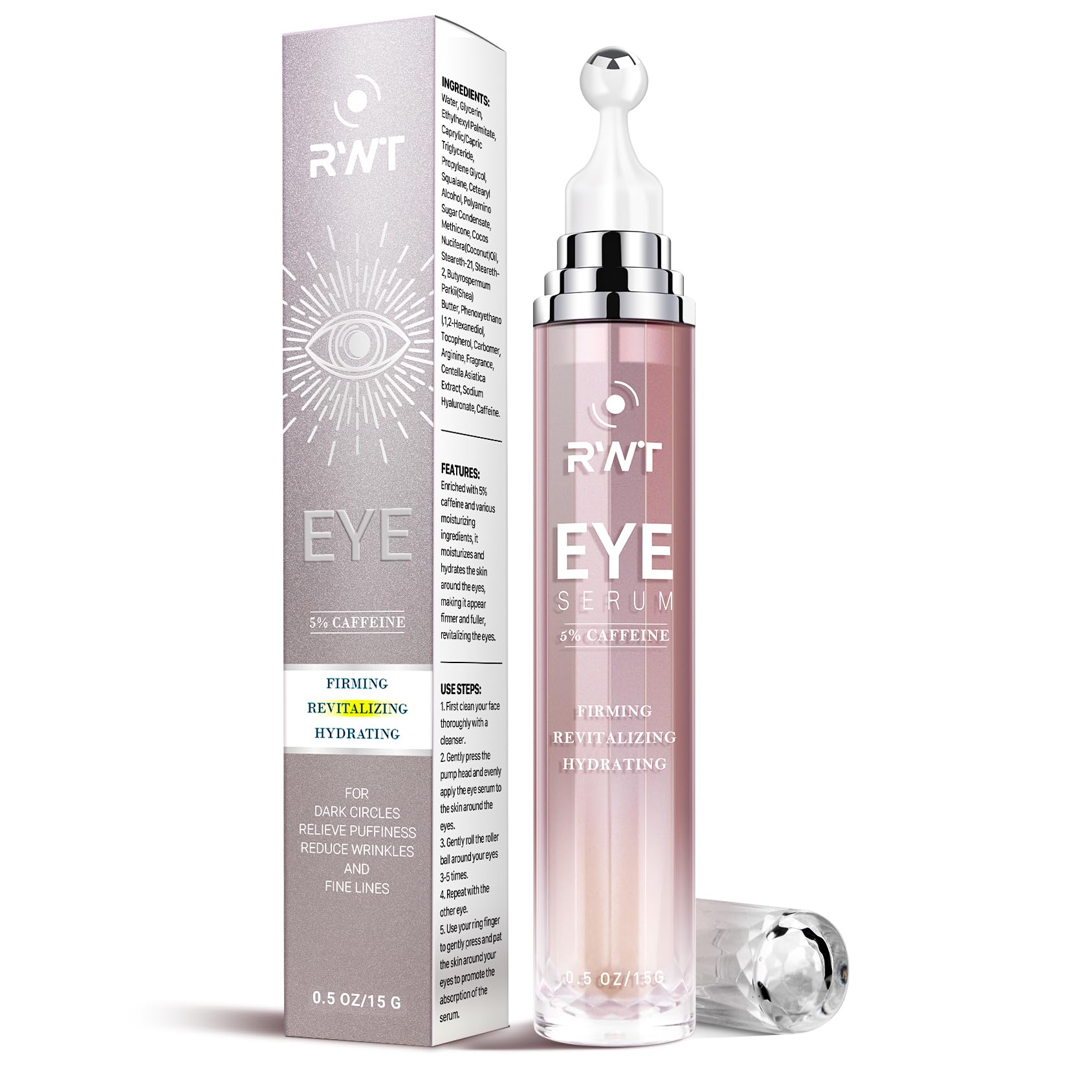 RWT 5% caffeine eye serum with roller-ball cools and smooths application