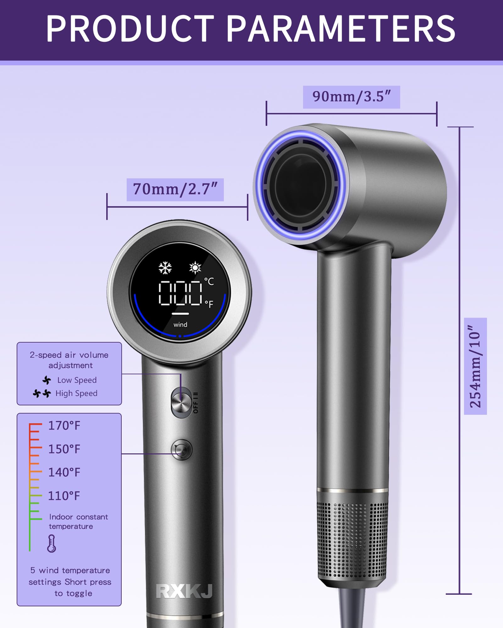 RXKJ hair dryer hd-display lets you customize settings.