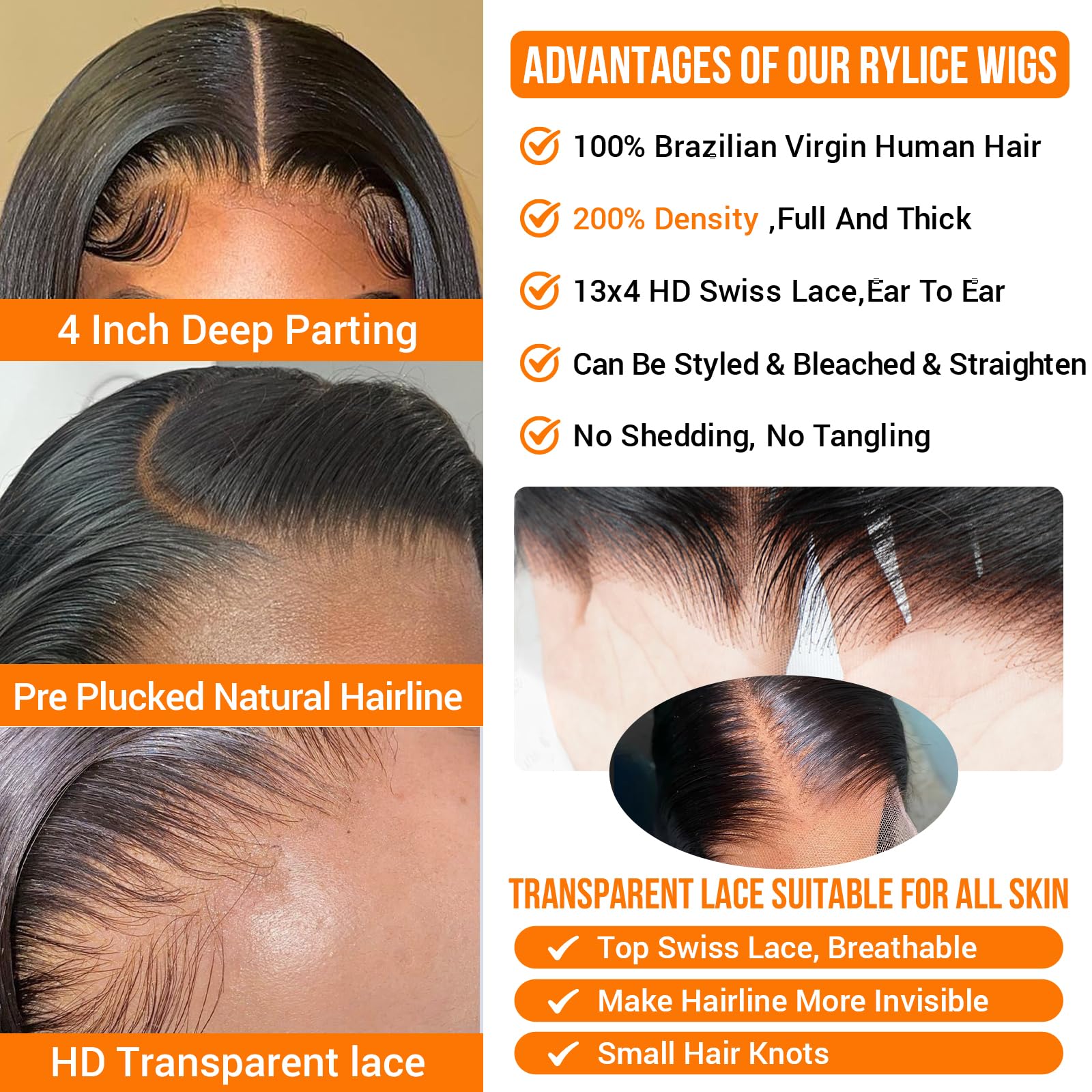 Rylice glueless wig with straps and four combs for quick, secure wear