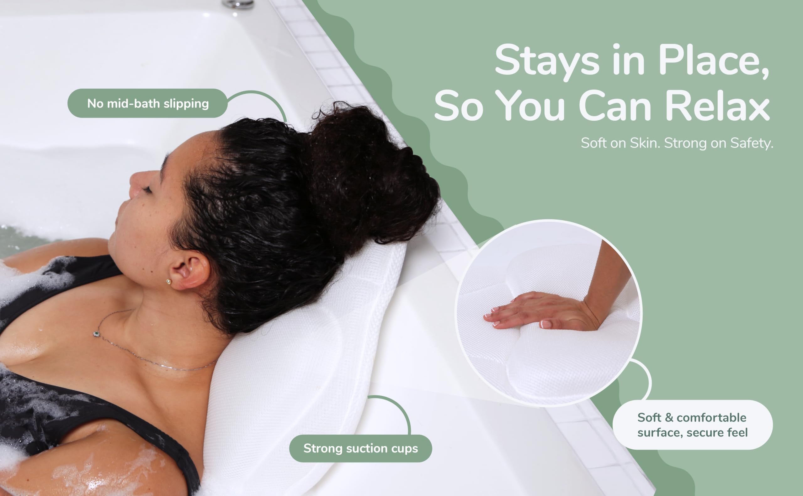 Rylor slip-resistant base pillow stays secure in large tubs for stable comfort.