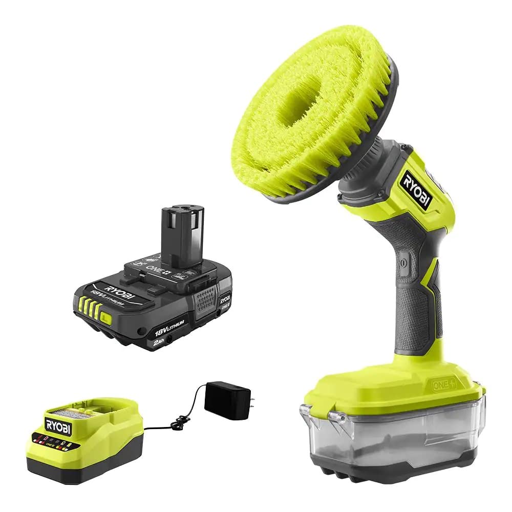 RYOBI ONE+ 18V cordless scrubber in use on tile for grout cleaning
