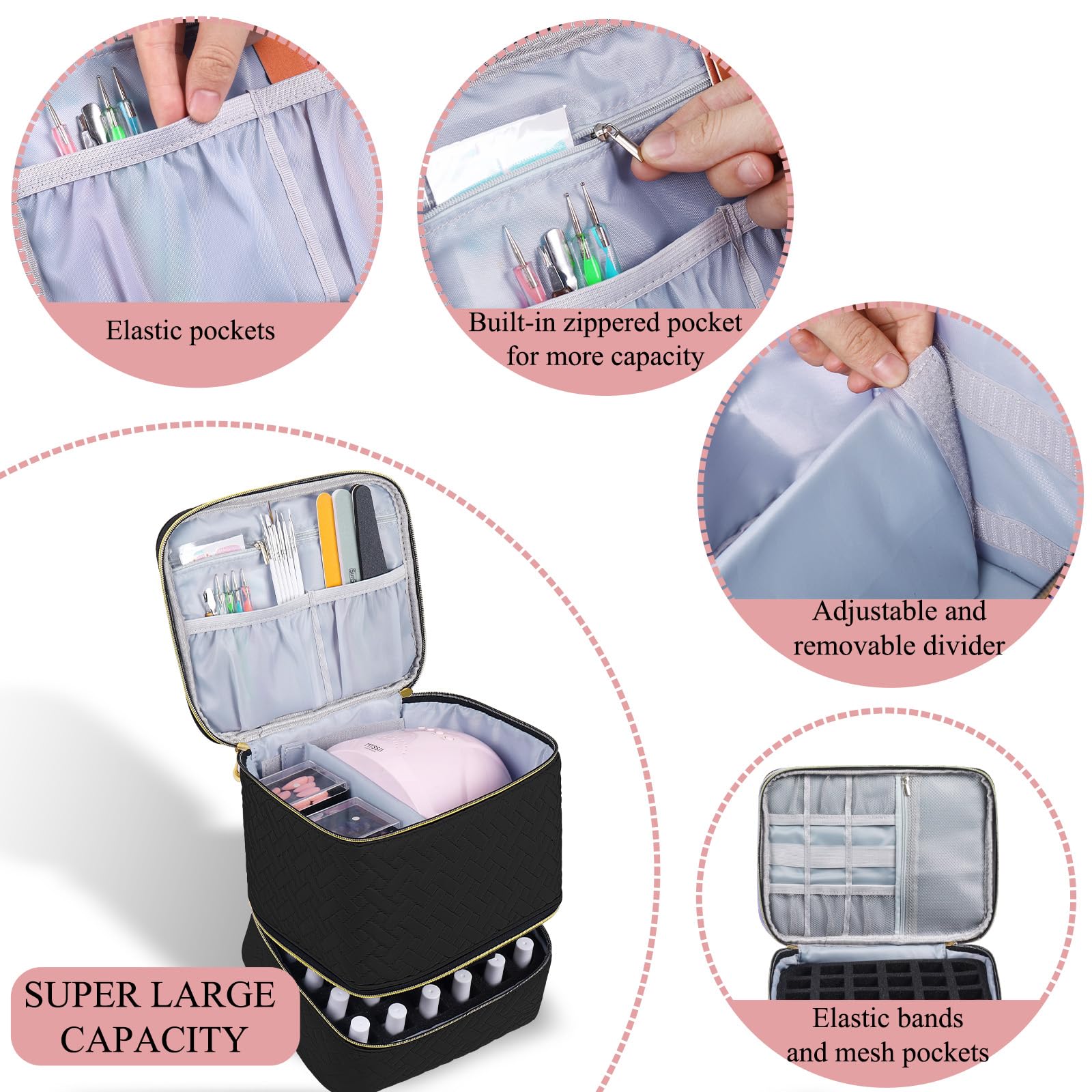RZMAYIS nail polish organizer bottom compartment keeps up to 30 bottles upright.