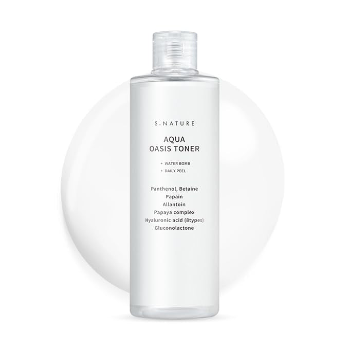 S.NATURE Aqua Oasis Toner bottle closeup highlighting hydrating formula for refreshed skin.