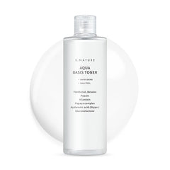 S.NATURE Aqua Oasis Toner bottle closeup highlighting hydrating formula for refreshed skin.