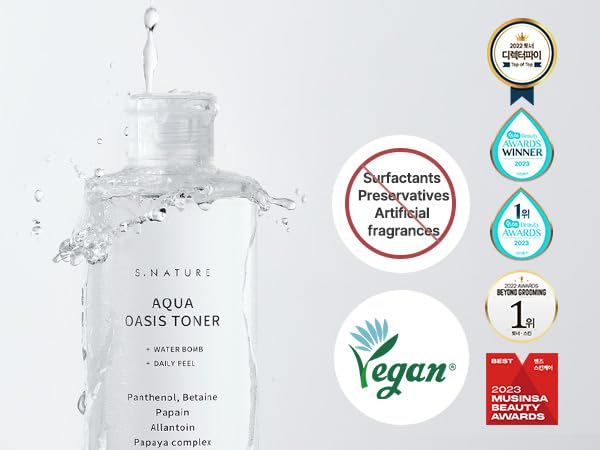 S.NATURE Aqua Oasis Toner panthenol-allantoin enriched formula for calming post-cleanse skin.