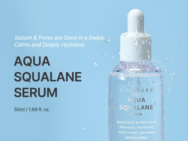 S.NATURE Aqua Squalane Serum bottle closeup shows rich serum texture.