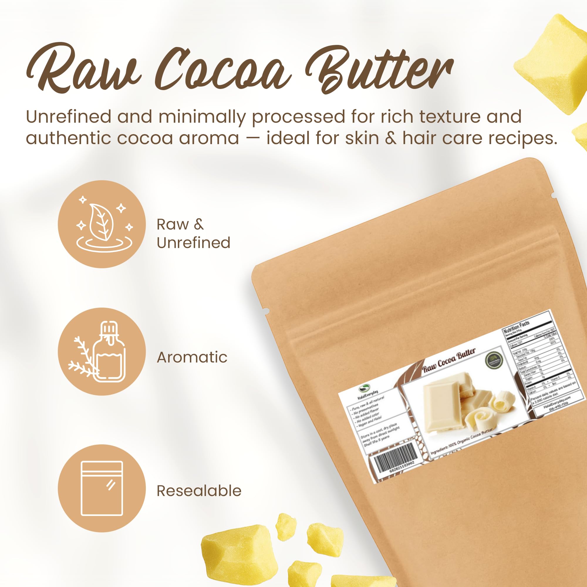 SaaQin Cocoa Butter raw block showing pure, unrefined quality for skincare recipes.
