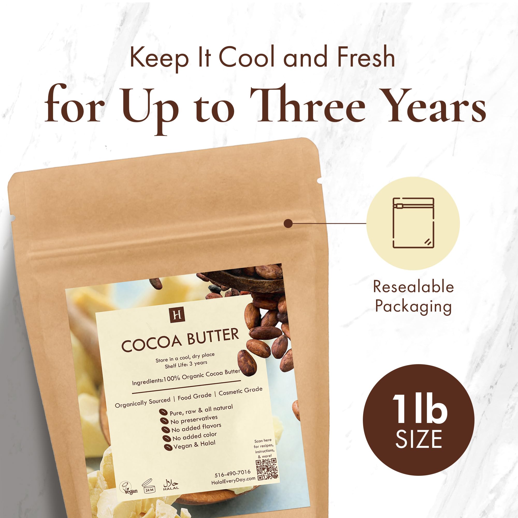 Halal Everyday exclusive SAAQIN cocoa butter discs on a clean counter.