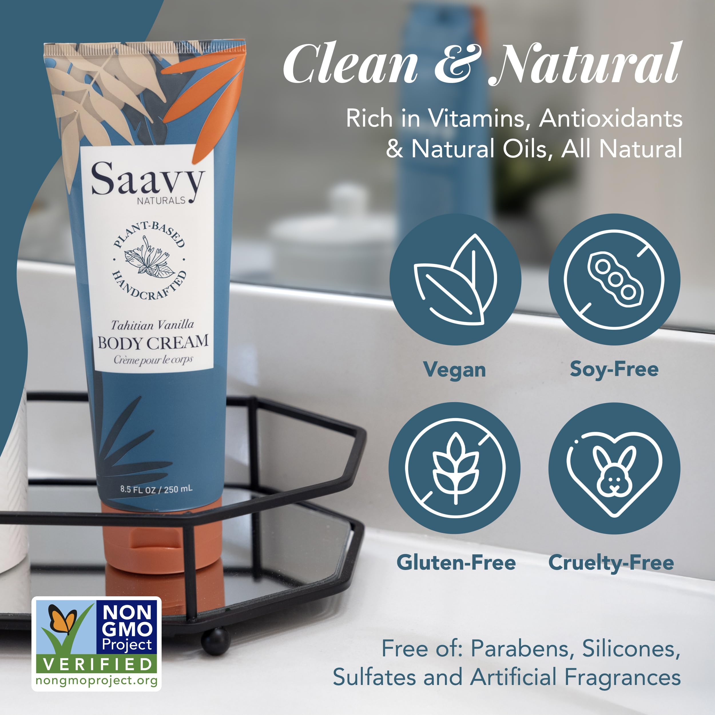 Saavy Naturals ingredients showcase shea butter, jojoba, argan, kukui, and aloe for nourishment.