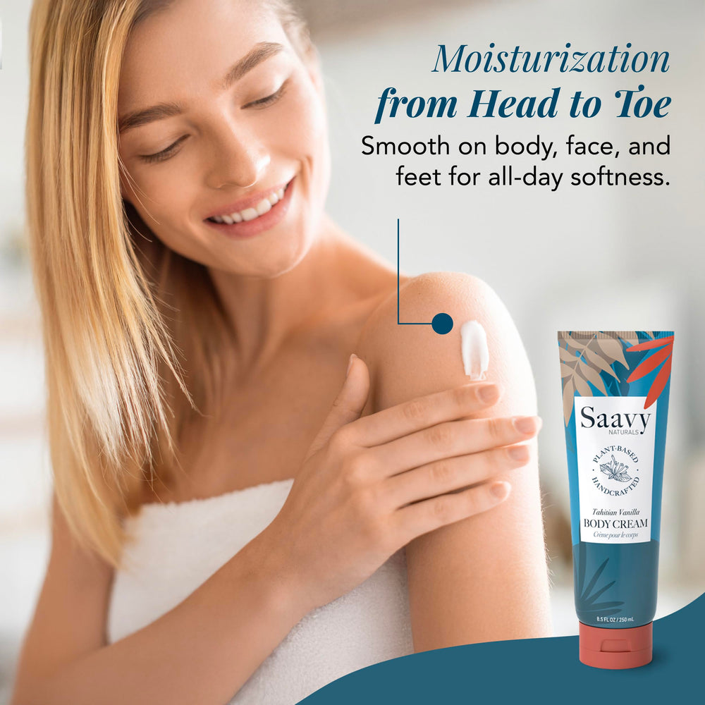 Saavy Naturals Tahitian Vanilla body cream texture appears thick and creamy for lasting moisture.